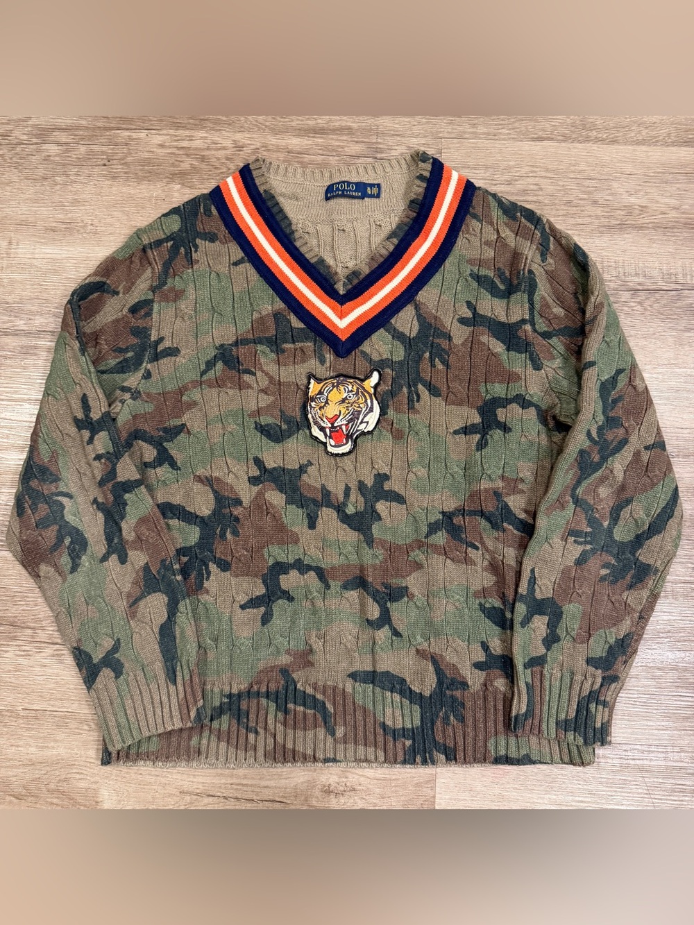Polo Ralph Lauren Sweater XL Men's Cricket Camo Cable Knit Tiger V Neck Pullover - Picture 1 of 4
